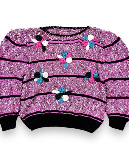 Knit Embroidered Pink Flowers